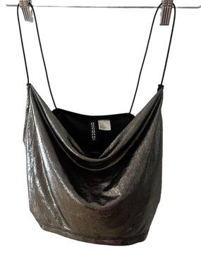 Divided Metallic Silver Cowl Neck Spaghetti Strap Top